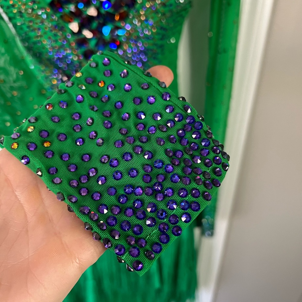Designer Latin Dancesport Dress Long Sleeve Swarovski Stone Green & Purple Color - Picture 3 of 8